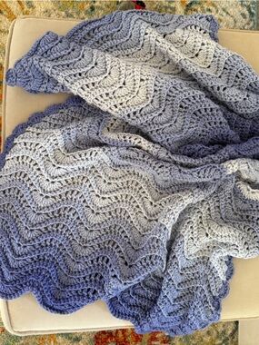 Lap Blanket Hand Crocheted Blue Ombre Throw Scalloped Crochet Afghan Handmade